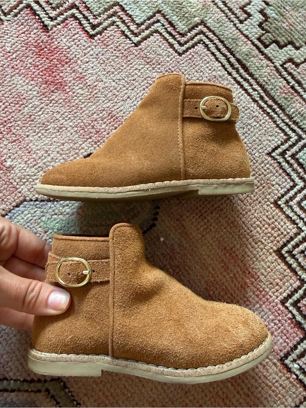 L'Amour Kids Tan Suede Ankle Boots with Gold Buckle